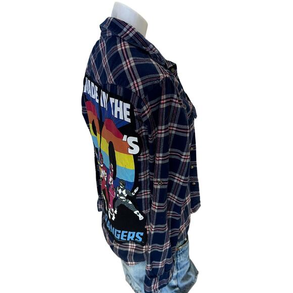 Mighty Morphin Power Rangers Plaid Flannel Shirt MEDIUM 90s Oversized Unique - Picture 3 of 6